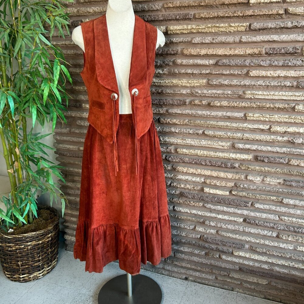 Carla Vintage 70s 80s Cowgirl Festival Rust Suede Vest and Full Skirt READ - Picture 15 of 15